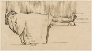 Een man in een mantel slaapt op de sokkel van een gebouw door John Flaxman